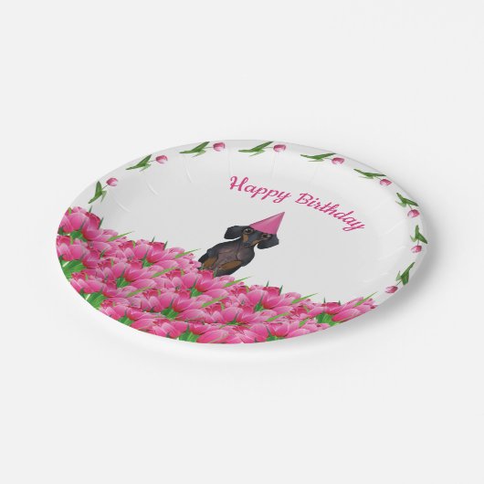 Roze Tulp Dachshund Paper-Borden Papieren Bordje (Gekanteld)