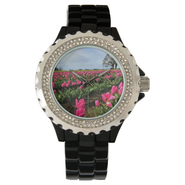 Roze Tulp Field, Oregon Horloge (Voorkant)