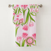 roze Tulp Floral Flowers Leaves Monogram Bad Handdoek (Insitu)