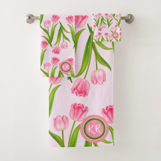  roze Tulp Floral Flowers Leaves Monogram Bad Handdoek (Insitu)