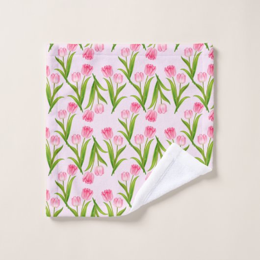  roze Tulp Floral Flowers Leaves Monogram Bad Handdoek (Wasdoekje)