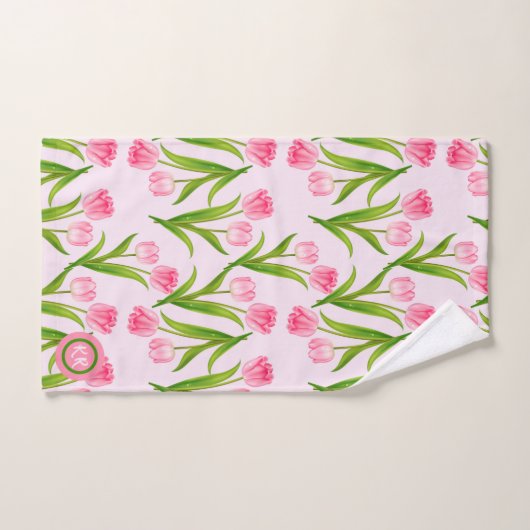  roze Tulp Floral Flowers Leaves Monogram Bad Handdoek (Handdoek)