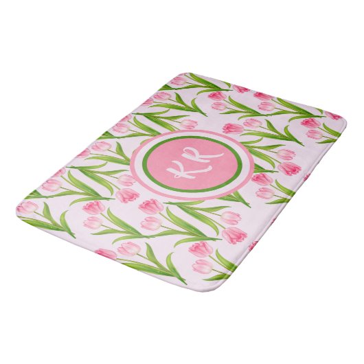 roze Tulp Floral Flowers Leaves Monogram Badmat (Gekanteld)