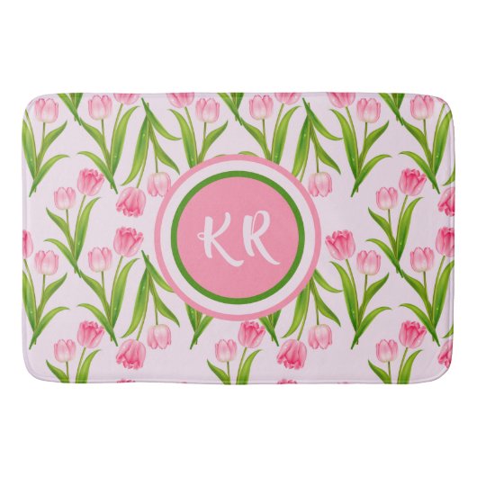  roze Tulp Floral Flowers Leaves Monogram Badmat (Voorkant)