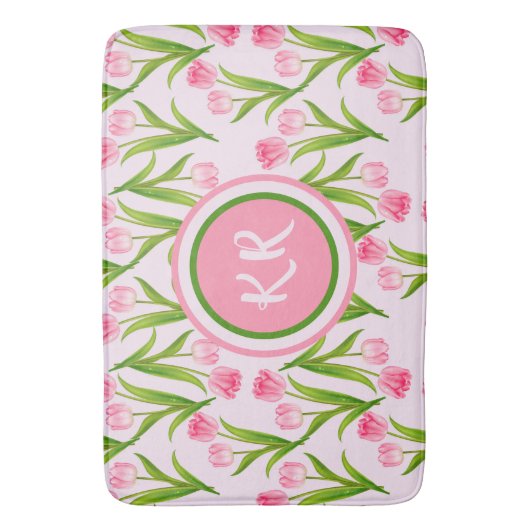 roze Tulp Floral Flowers Leaves Monogram Badmat (Voorkant Verticaal)