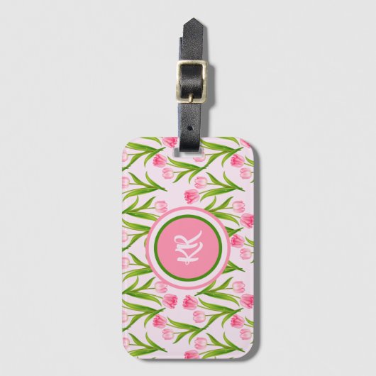  roze Tulp Floral Flowers Leaves Monogram Bagagelabel (Voorkant (verticaal))
