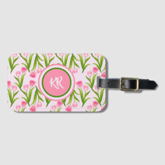  roze Tulp Floral Flowers Leaves Monogram Bagagelabel