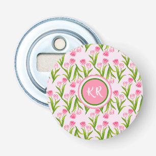  roze Tulp Floral Flowers Leaves Monogram Button Flesopener