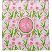  roze Tulp Floral Flowers Leaves Monogram Douchegordijn (Voorkant)