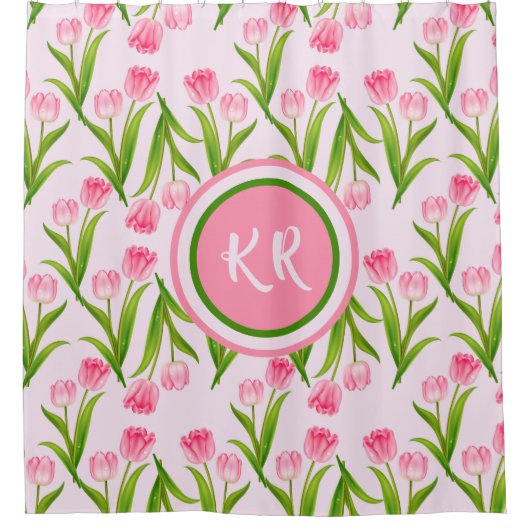  roze Tulp Floral Flowers Leaves Monogram Douchegordijn (Voorkant)