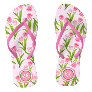  roze Tulp Floral Flowers Leaves Monogram F Teenslippers