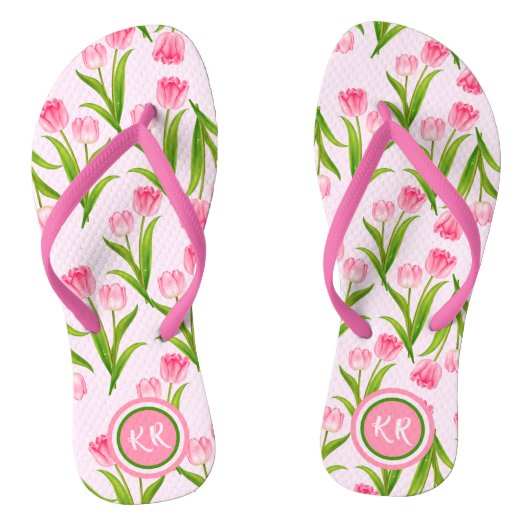  roze Tulp Floral Flowers Leaves Monogram F Teenslippers (Voetbed)