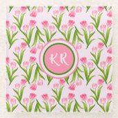  roze Tulp Floral Flowers Leaves Monogram Glazen Onderzetter (Voorkant)