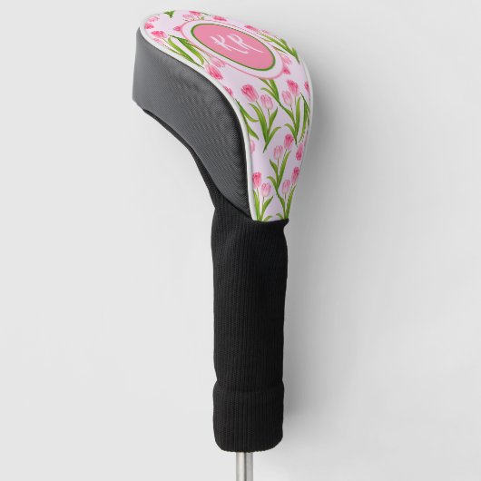  roze Tulp Floral Flowers Leaves Monogram Golfheadcover (Schuin)