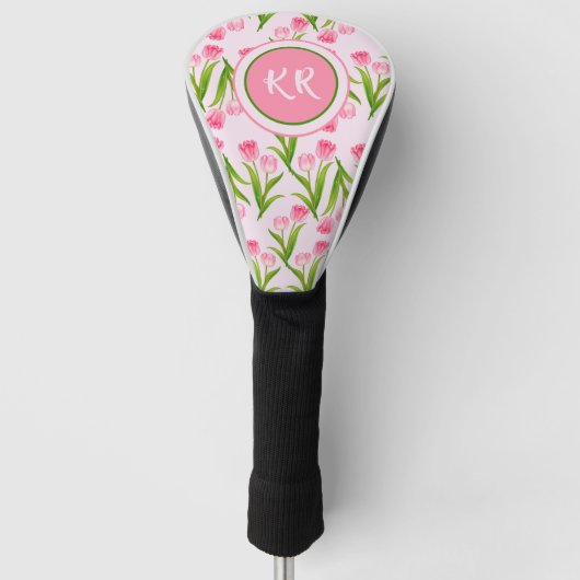 roze Tulp Floral Flowers Leaves Monogram Golfheadcover (Voorkant)