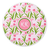  roze Tulp Floral Flowers Leaves Monogram Keramische Knop (Voorkant)