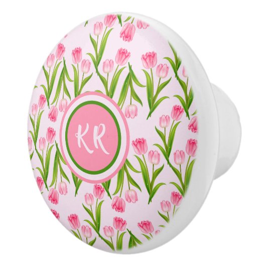  roze Tulp Floral Flowers Leaves Monogram Keramische Knop (Rechts)