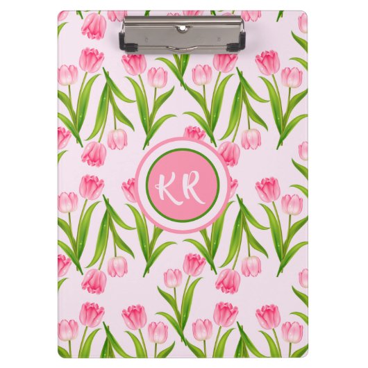  roze Tulp Floral Flowers Leaves Monogram Klembord (Voorkant)