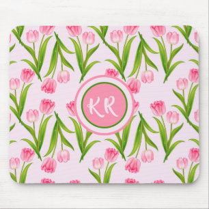 roze Tulp Floral Flowers Leaves Monogram Muismat