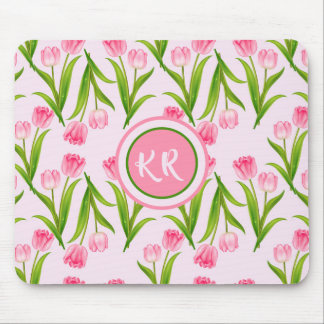 roze Tulp Floral Flowers Leaves Monogram Muismat