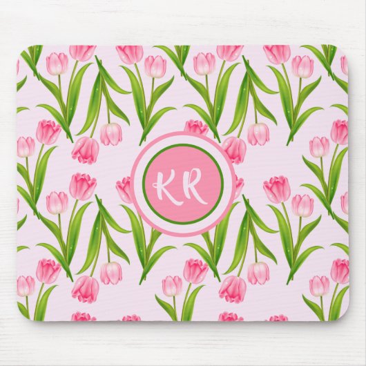  roze Tulp Floral Flowers Leaves Monogram Muismat (Voorkant)