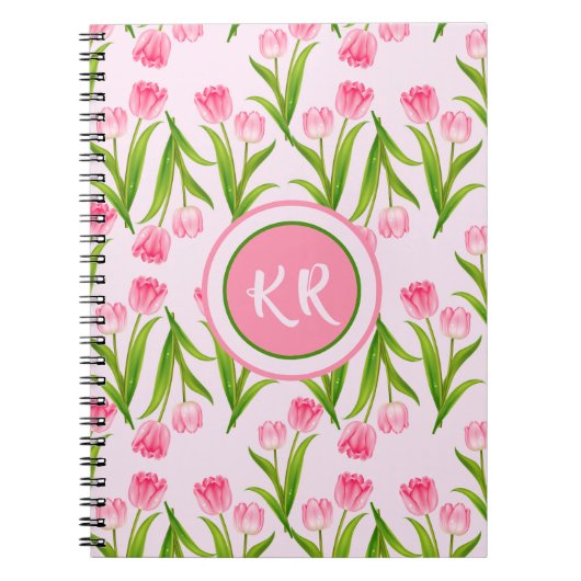  roze Tulp Floral Flowers Leaves Monogram Notitieboek (Voorkant)