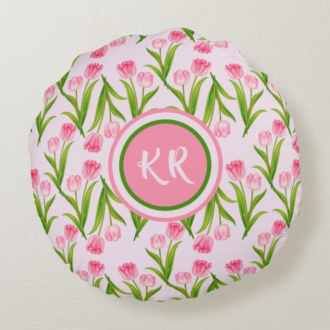  roze Tulp Floral Flowers Leaves Monogram Rond Kussen (Achterkant)