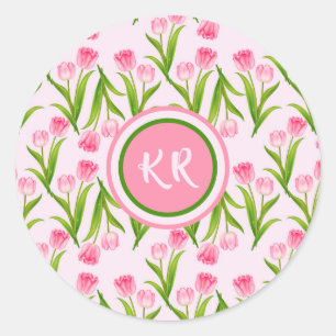  roze Tulp Floral Flowers Leaves Monogram Ronde Sticker