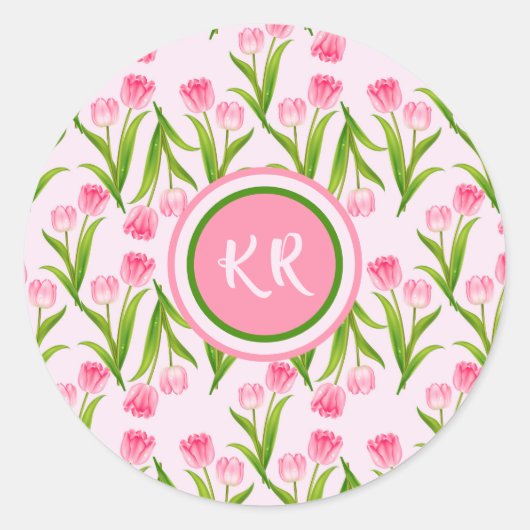  roze Tulp Floral Flowers Leaves Monogram Ronde Sticker (Voorkant)