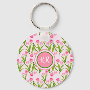 roze Tulp Floral Flowers Leaves Monogram Sleutelhanger