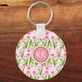roze Tulp Floral Flowers Leaves Monogram Sleutelhanger (Voorkant)
