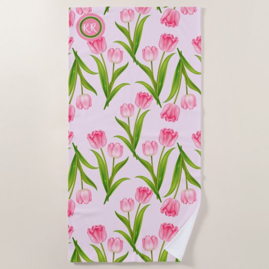  roze Tulp Floral Flowers Leaves Monogram Strandlaken (Voorkant)