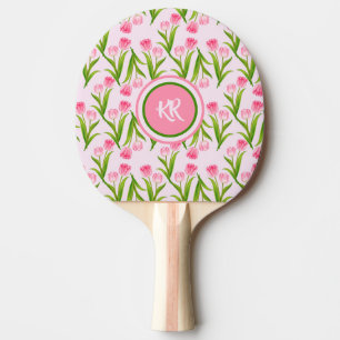  roze Tulp Floral Flowers Leaves Monogram Tafeltennisbatje