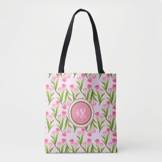  roze Tulp Floral Flowers Leaves Monogram Tote Bag (Voorkant)
