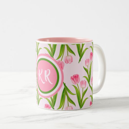  roze Tulp Floral Flowers Leaves Monogram Tweekleurige Koffiemok (Voorkant rechts)