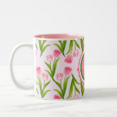  roze Tulp Floral Flowers Leaves Monogram Tweekleurige Koffiemok (Links)