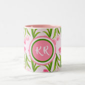  roze Tulp Floral Flowers Leaves Monogram Tweekleurige Koffiemok (Center)