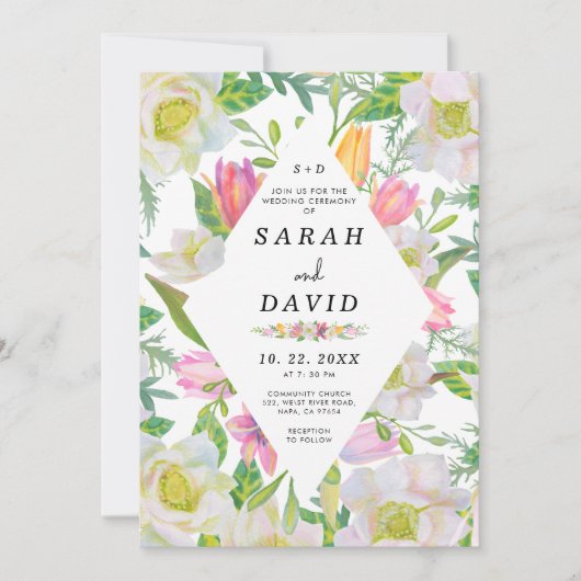 Roze Tulp Floral Geometrisch Lijst Bruiloft Uitnod Kaart (Voorkant)