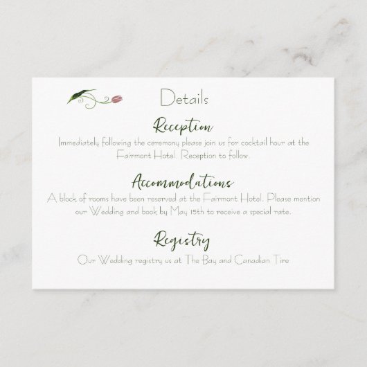 Roze Tulp Floral Informatiekaartje (Voorkant)