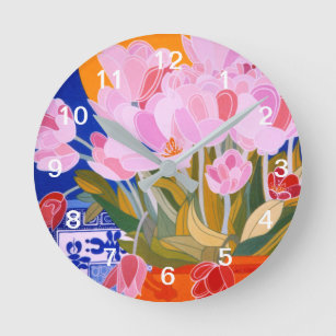 Roze Tulp Flowers - Witte cijfers Ronde Klok