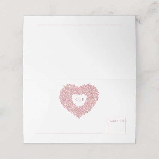 Roze tulp hart tekening monogram bruiloft plaatskaartje (Buitenkant ongevouwen)