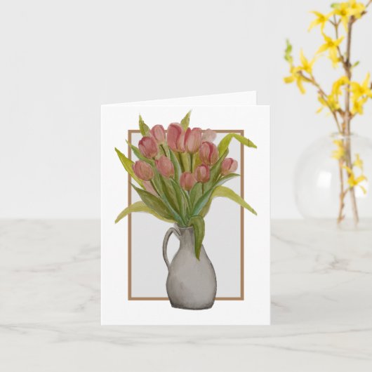 Roze Tulp in een Vaas Groet/Notitiekaart Kaart (Gele Bloem)