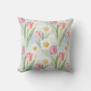 Roze Tulp Madeliefje Waterverf Lente Patroon Kussen