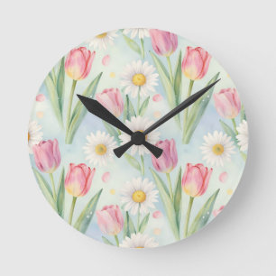 Roze Tulp Madeliefje Waterverf Lente Patroon Ronde Klok