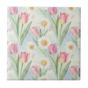 Roze Tulp Madeliefje Waterverf Lente Patroon Tegeltje