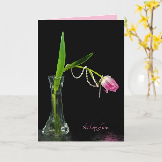 roze tulp met parels in vaas denken kaart (Gele Bloem)