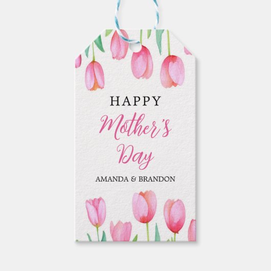 Roze Tulp Moederdag Design met Kinder namen Cadeaulabel (Voorkant)
