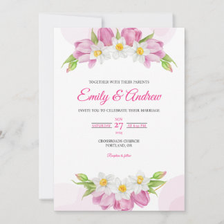 Roze Tulp Narcis Bloem Waterverf Trouwfeest Kaart