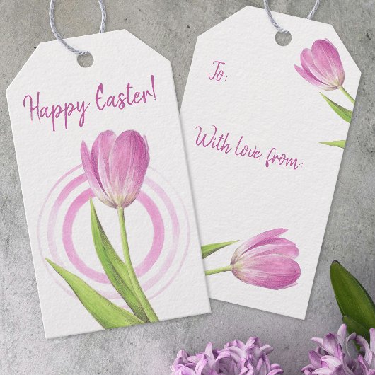 Roze Tulp Paasveer Elegante Bloemen Waterverf Cadeaulabel