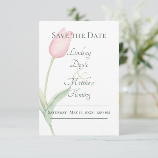 Roze Tulp Solo Bruiloft Save The Date (Staand voorkant)
